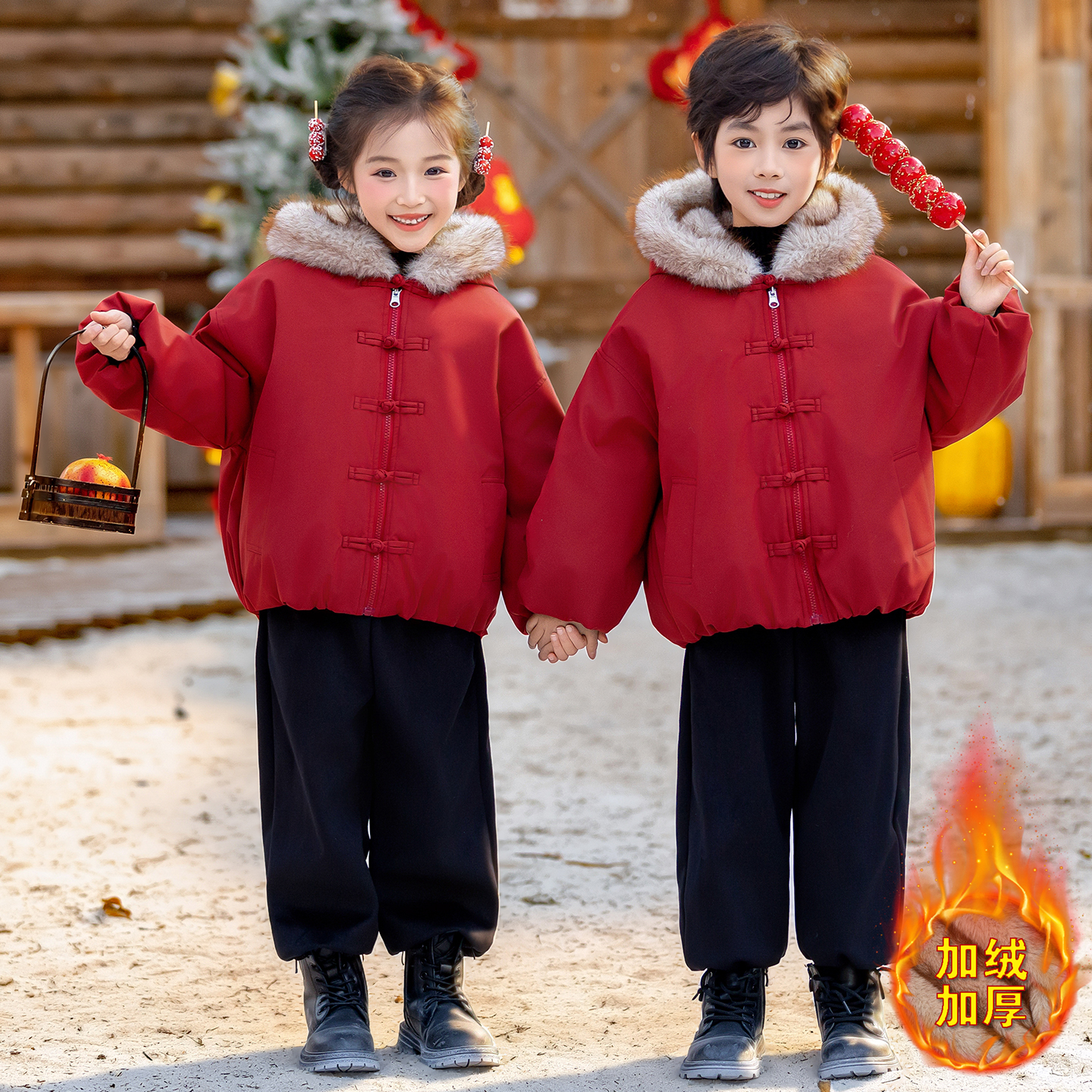 儿童新中式唐装两面穿红色演出服