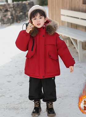 男童红色外套派克棉服新款儿童加厚拜年服男孩冲锋衣棉袄冬装