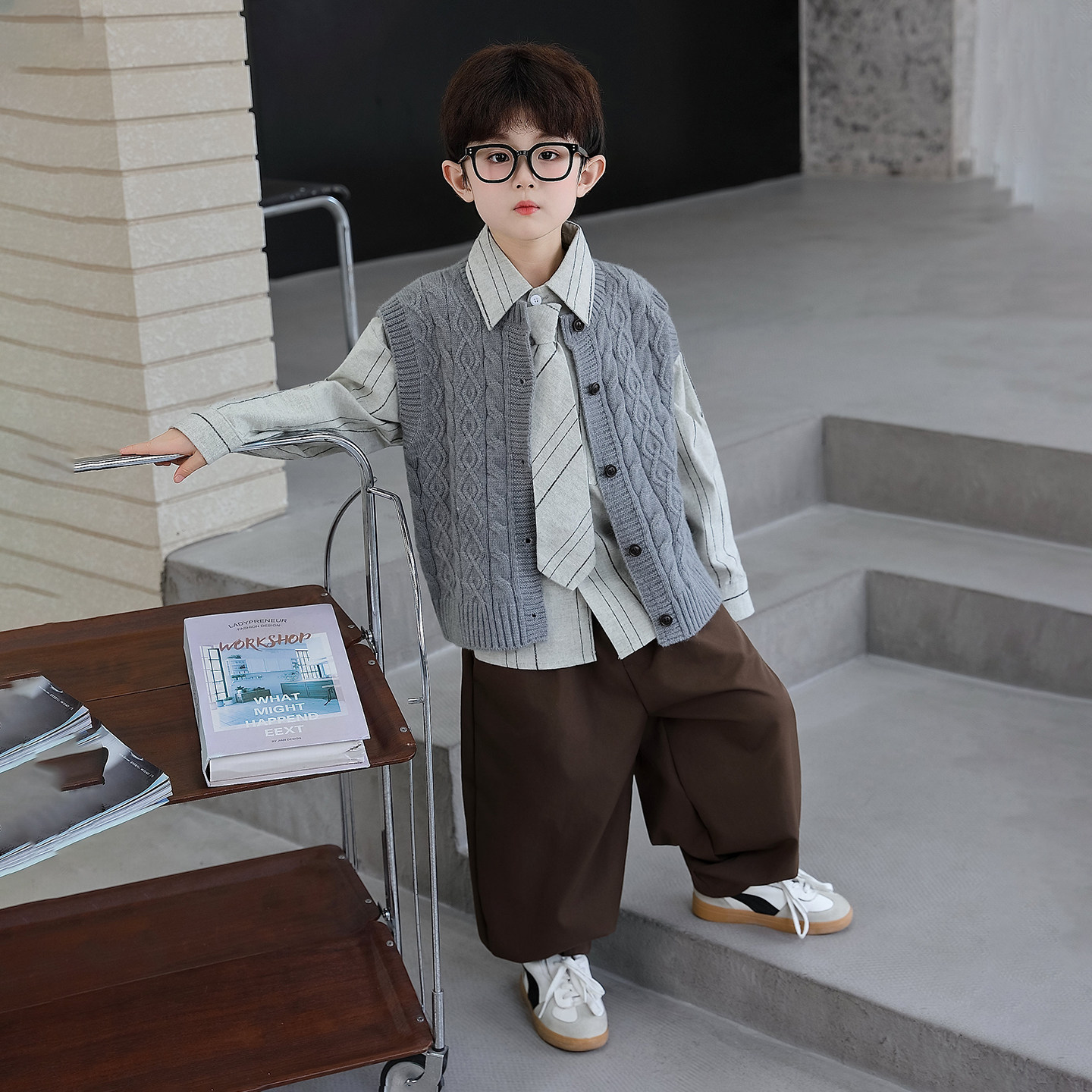 男童韩版学院风针织马甲衬衫套装