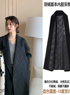 韩系深灰色羽绒服内胆毛呢外套女秋冬季中长款小个子宽松呢子大衣