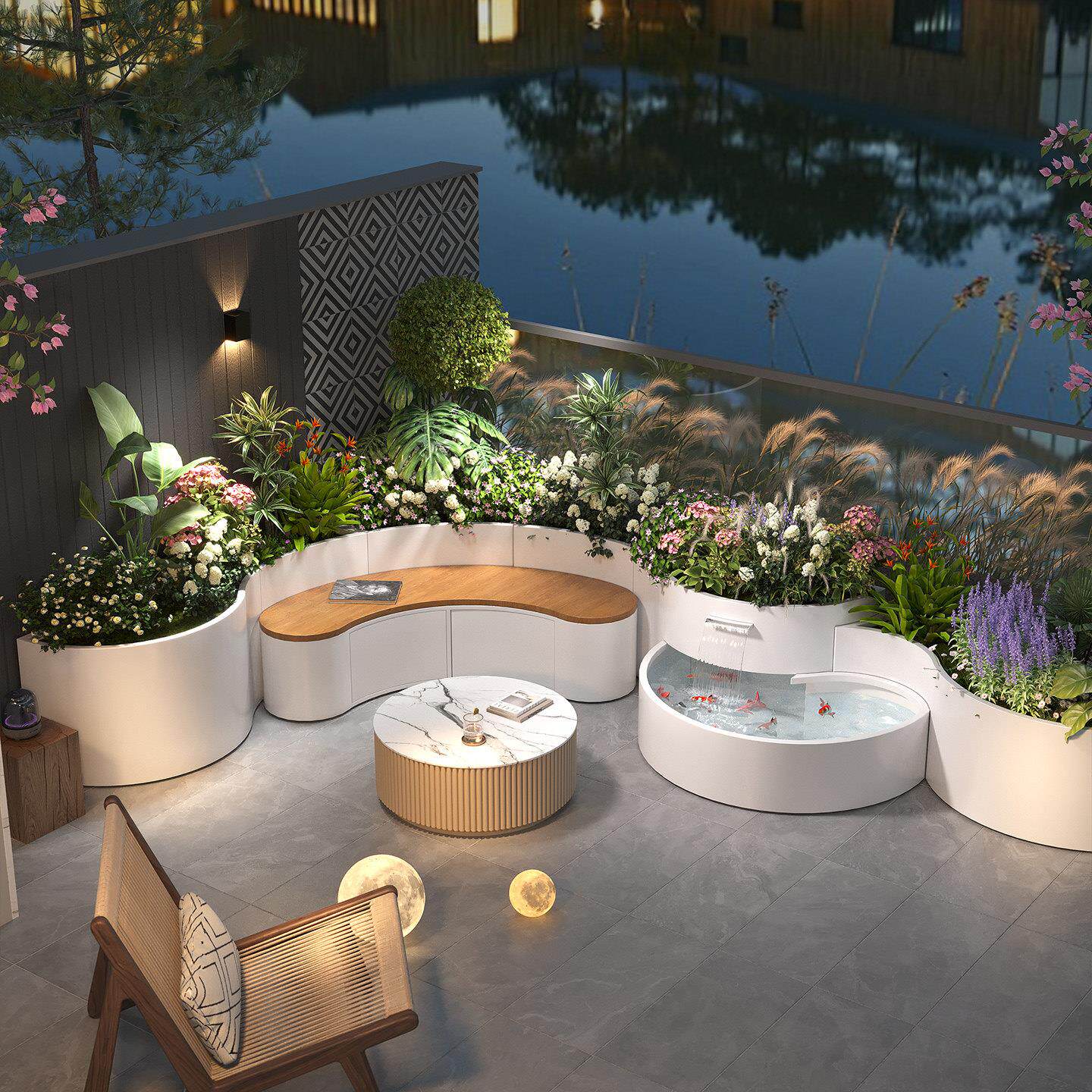 户外阳台庭院弧形铁艺花箱坐凳不锈钢鱼池成品花池座椅组合定制