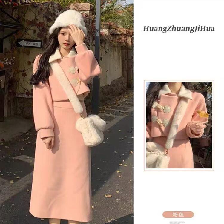 2024新款小香风套装法式女秋冬高级感显瘦粉色时尚名媛御姐两件套