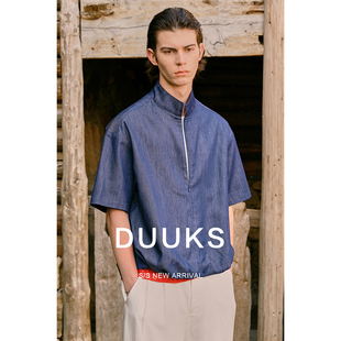 DUUKS假两件天丝立领牛仔半拉炼POLO衫男短袖t恤夏季薄款半袖上衣