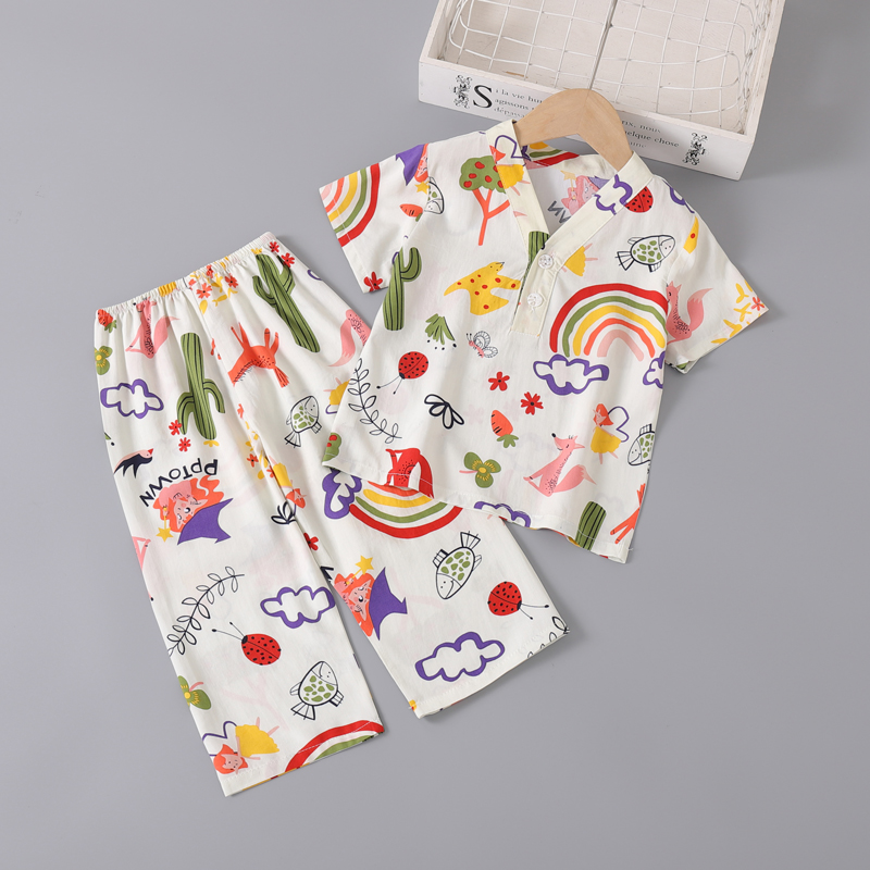 儿童睡衣莱塞尔棉套装天丝绸薄款男孩女童夏季绵空调宝长袖家居服