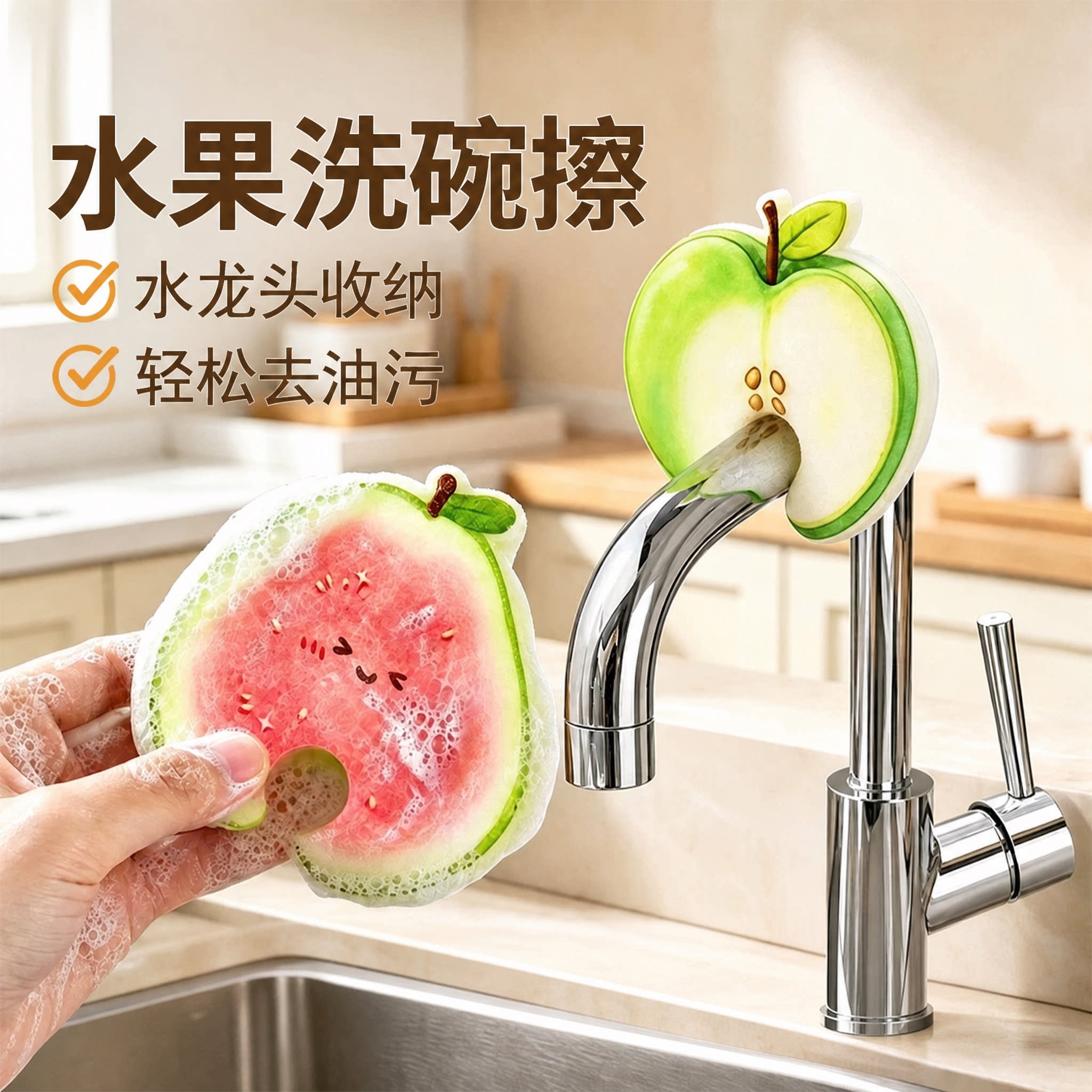 加厚水果洗碗擦海绵擦厨房卡扣海绵块吸水不沾油去污刷碗刷锅神器