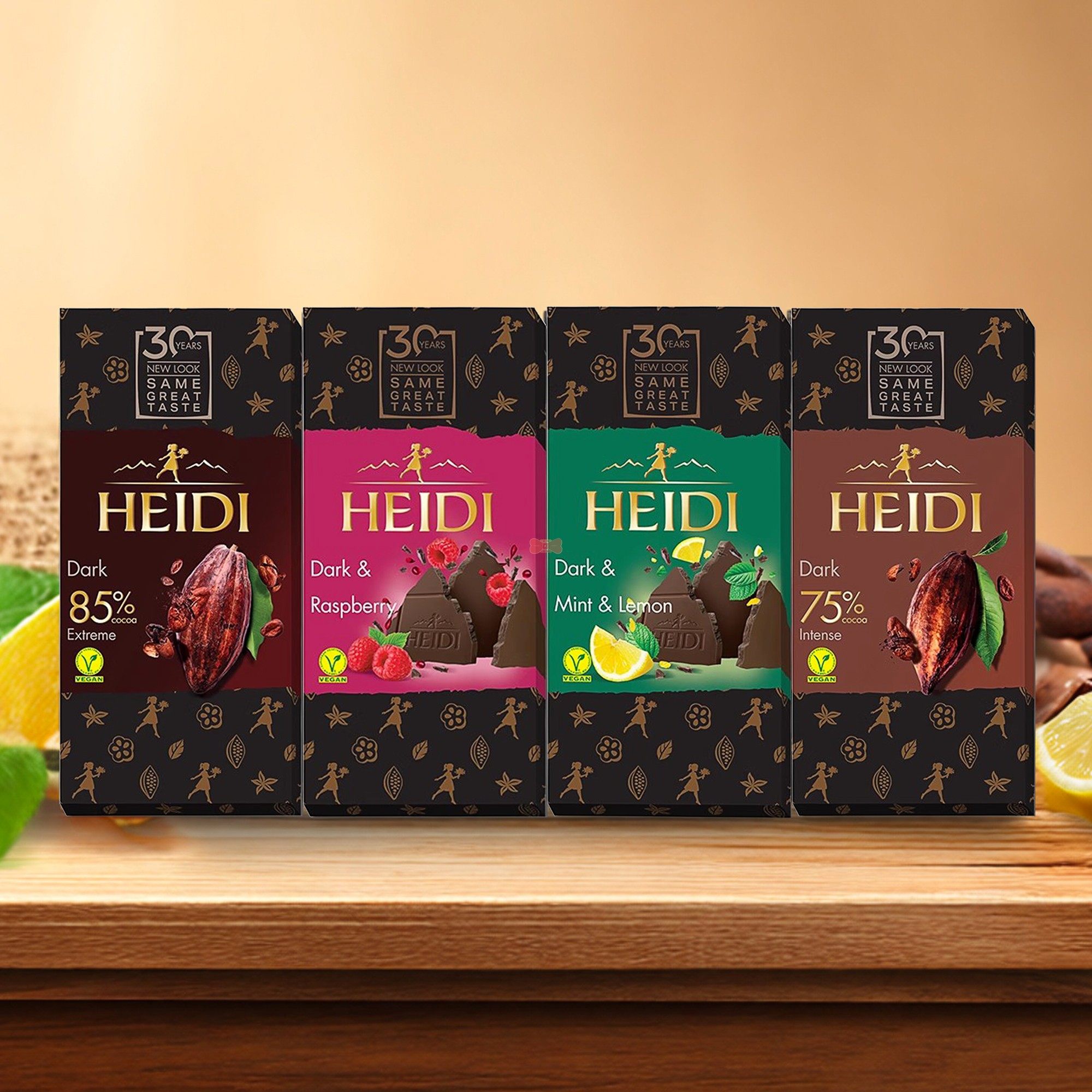 罗马尼亚进口零食HEIDI赫蒂纯可可脂85%75%树莓柠檬薄荷黑巧克力