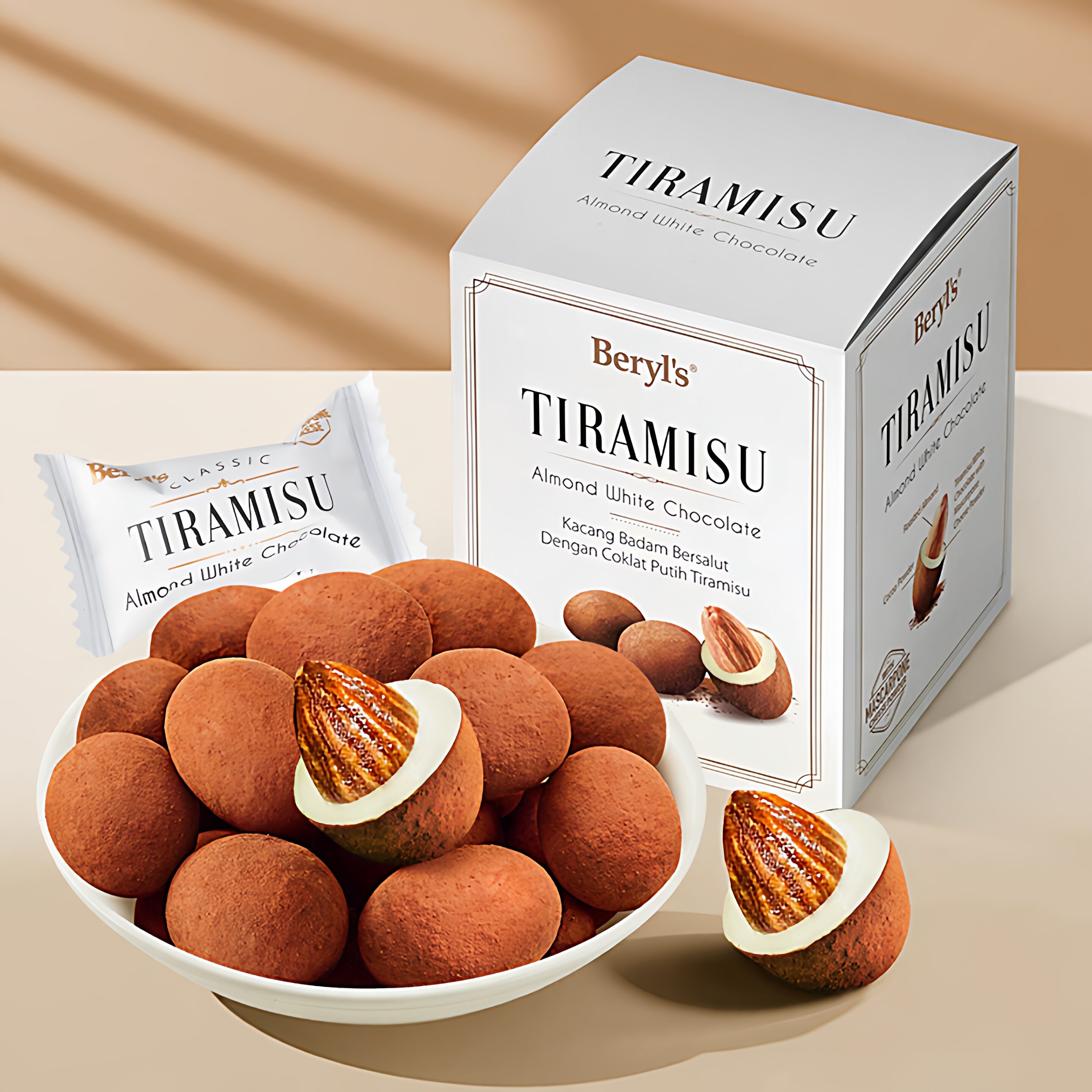 马来西亚进口零食beryls倍乐思提拉米苏扁桃仁夹心白巧克力豆盒装