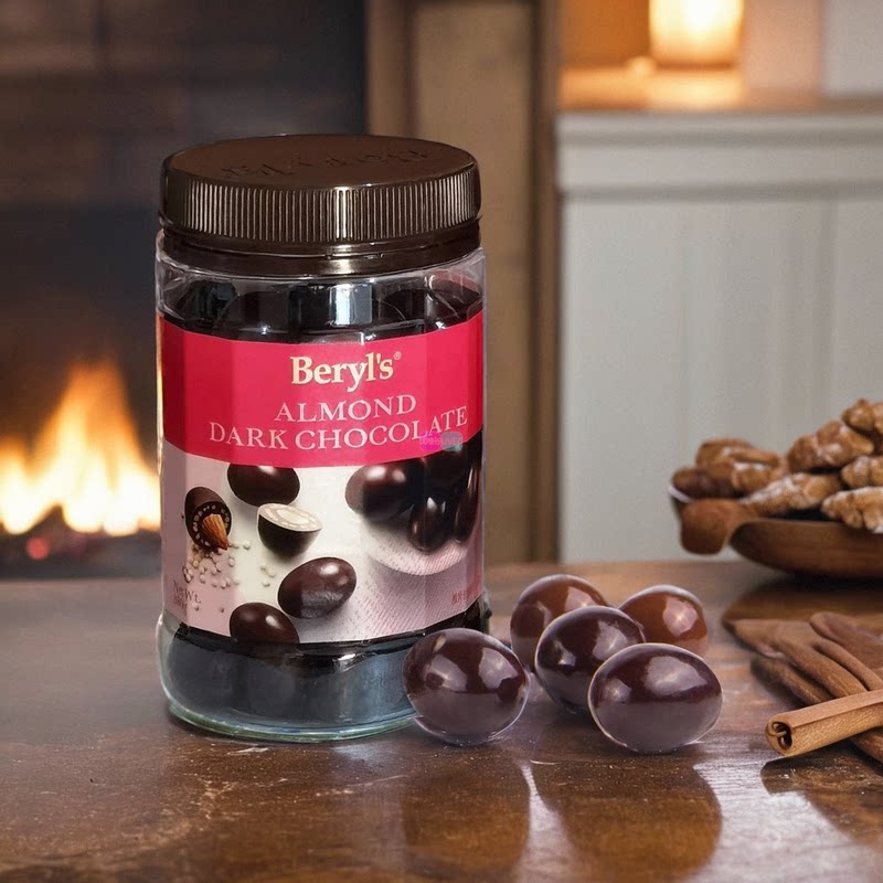 马来西亚原装进口beryls倍乐思巧克力豆扁桃仁夹心黑巧球罐装380g