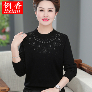 妈妈装内搭针织羊毛打底衫春秋冬款加大码中老年半高领黑色毛衣女
