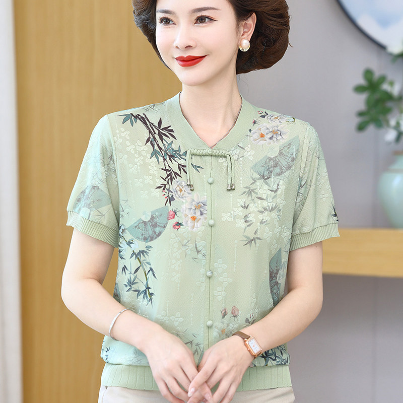 妈妈夏装真丝短袖桑蚕丝t恤女2025新款中式中老年国风母亲上衣服
