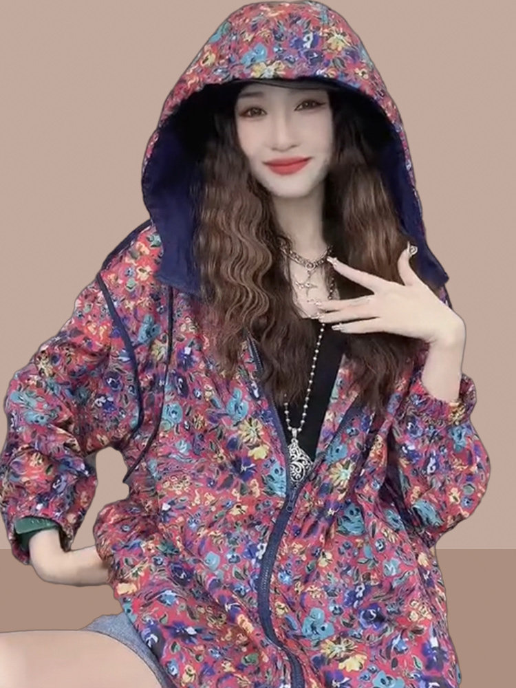 潮牌碎花连帽防晒衣女夏季新款洋气百搭宽松休闲开衫防晒服薄外套