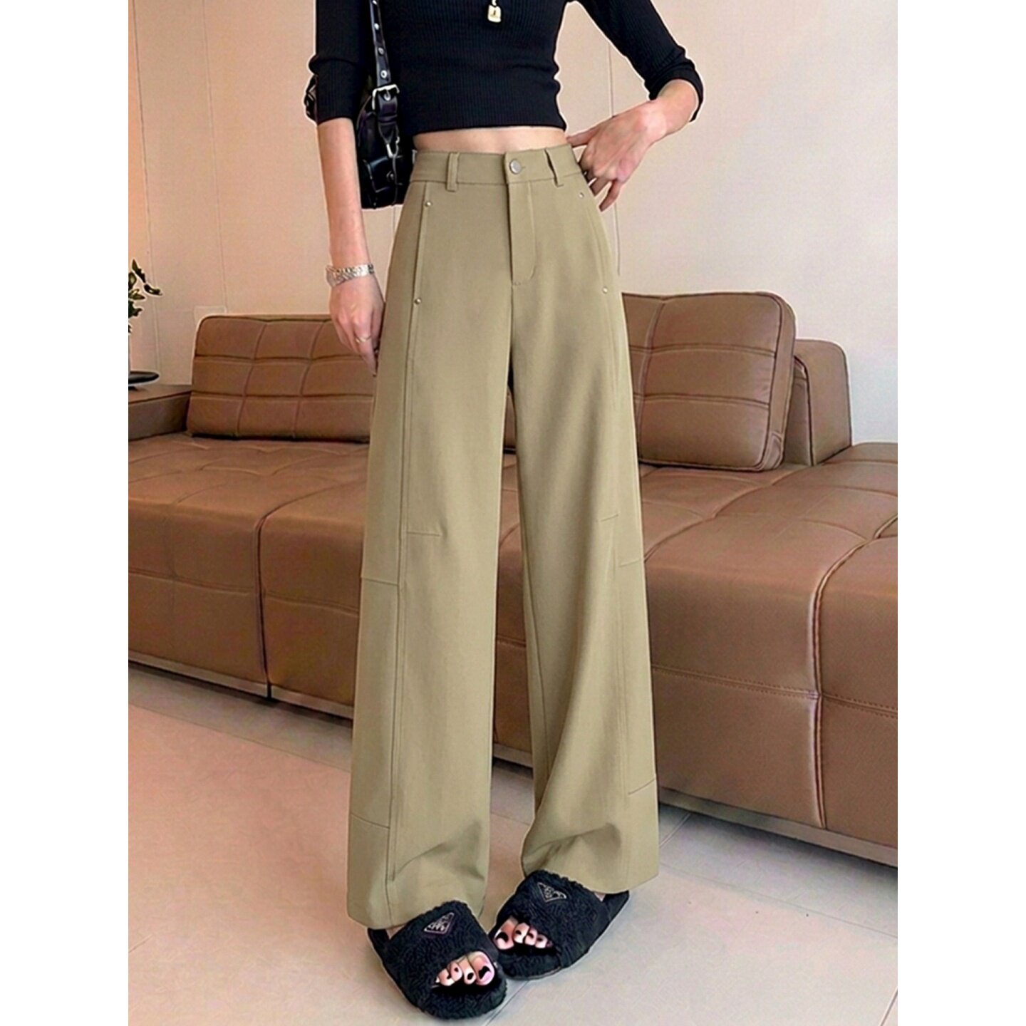 韩版卡其色阔腿裤女款春秋款新款爆款高腰显瘦垂感高级感直筒裤子