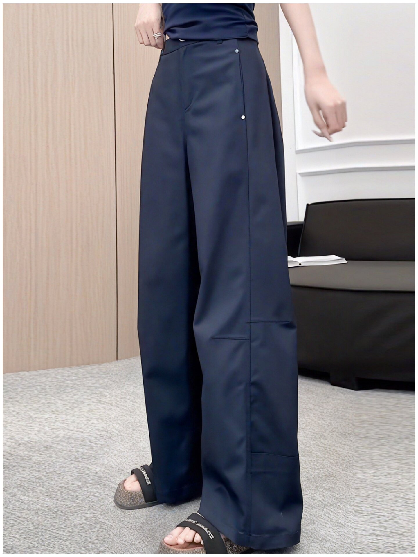 韩国藏青色工装阔腿裤女秋季新款大码宽松显瘦小个子直筒休闲裤子