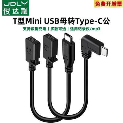 mini USB母转Type c公转换器T型口母头数据线C插头连接线miniusb接口转接头tpyec充电车载行车记录仪电源线