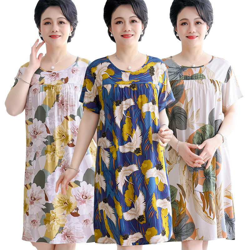 2022年新款妈妈睡裙女夏季棉绸睡衣中年女士老人薄款大码夏天短袖
