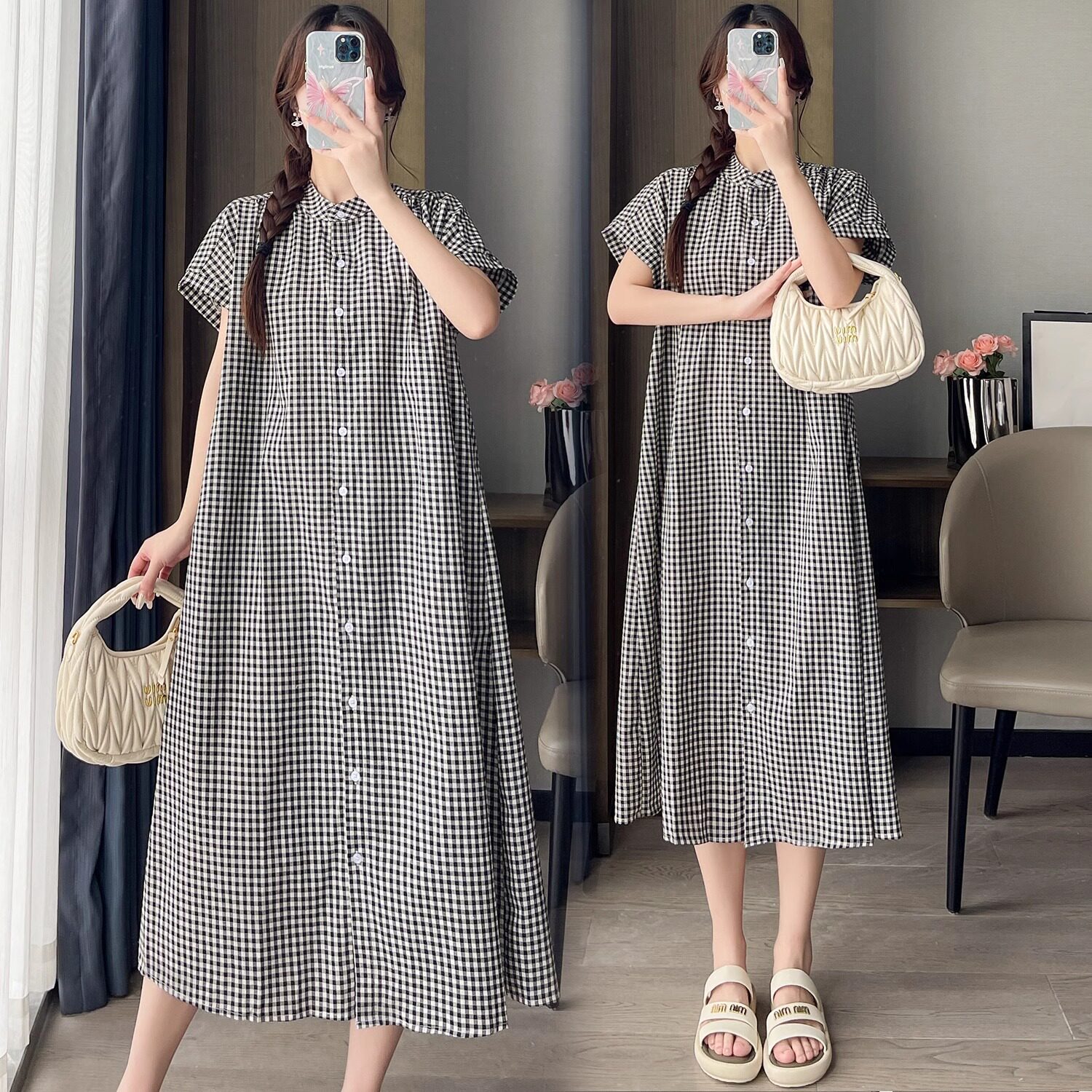 日系复古格纹连衣裙女夏