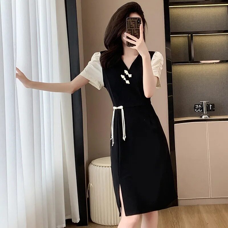 大码女装领拼接中国风夏
