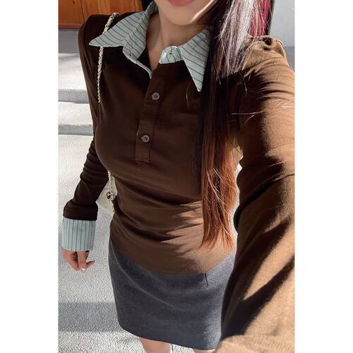 美式复古polo领长袖T恤女