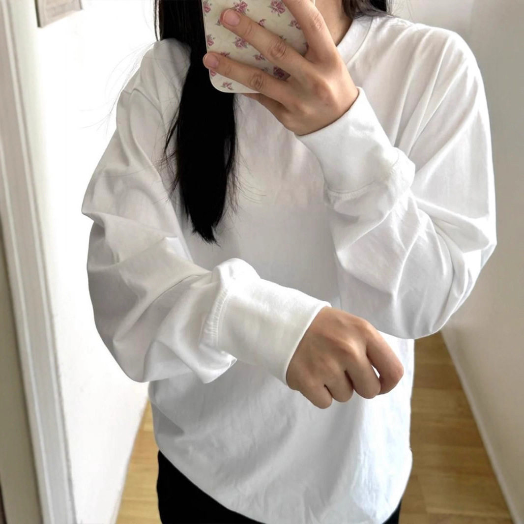 纯棉圆领长袖T恤女春秋白