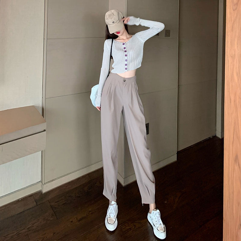 套装2020年新款女夏修身针织长袖防晒开衫+高腰宽松西装裤两件套