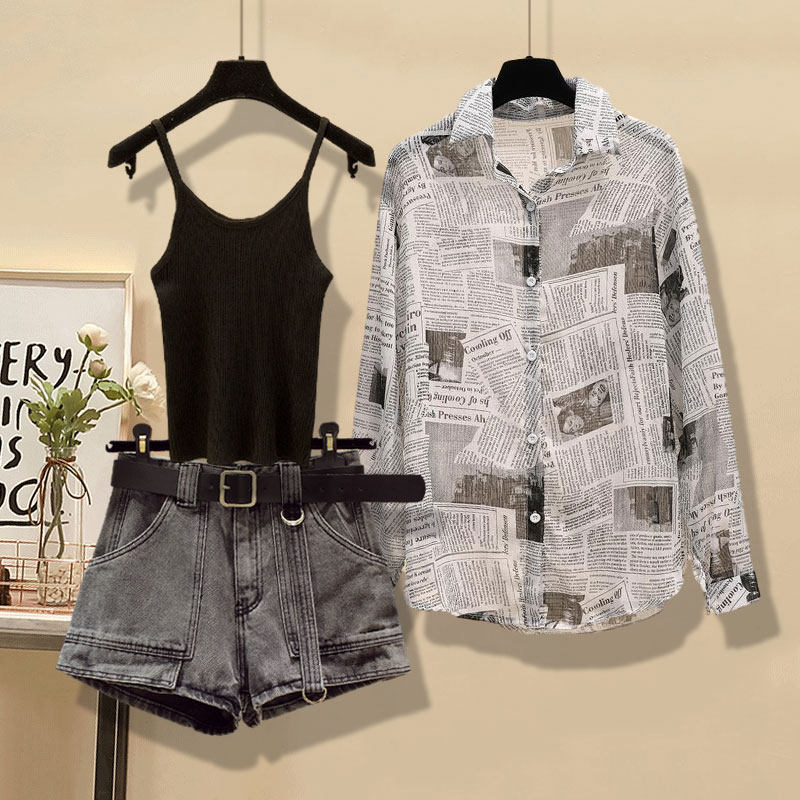 夏季减龄套装三件套女2020新款复古防晒衬衫+小吊带+高腰牛仔短裤