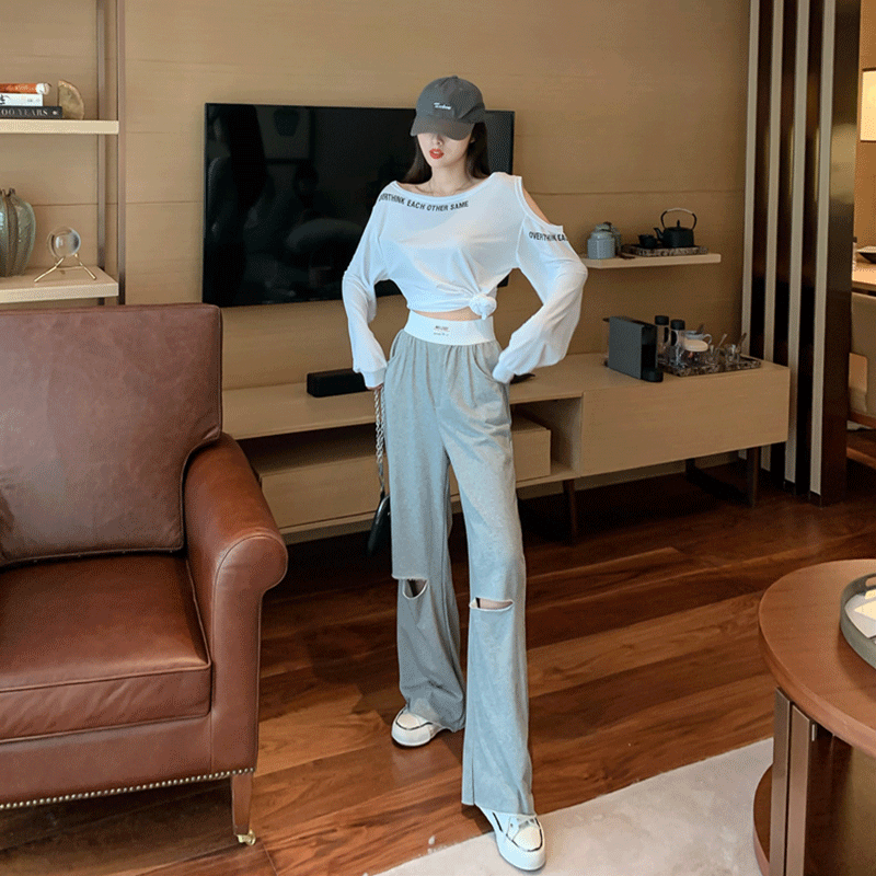 夏季套装女2020年新款长袖防晒衫t恤女+休闲垂感破洞阔腿裤两件套