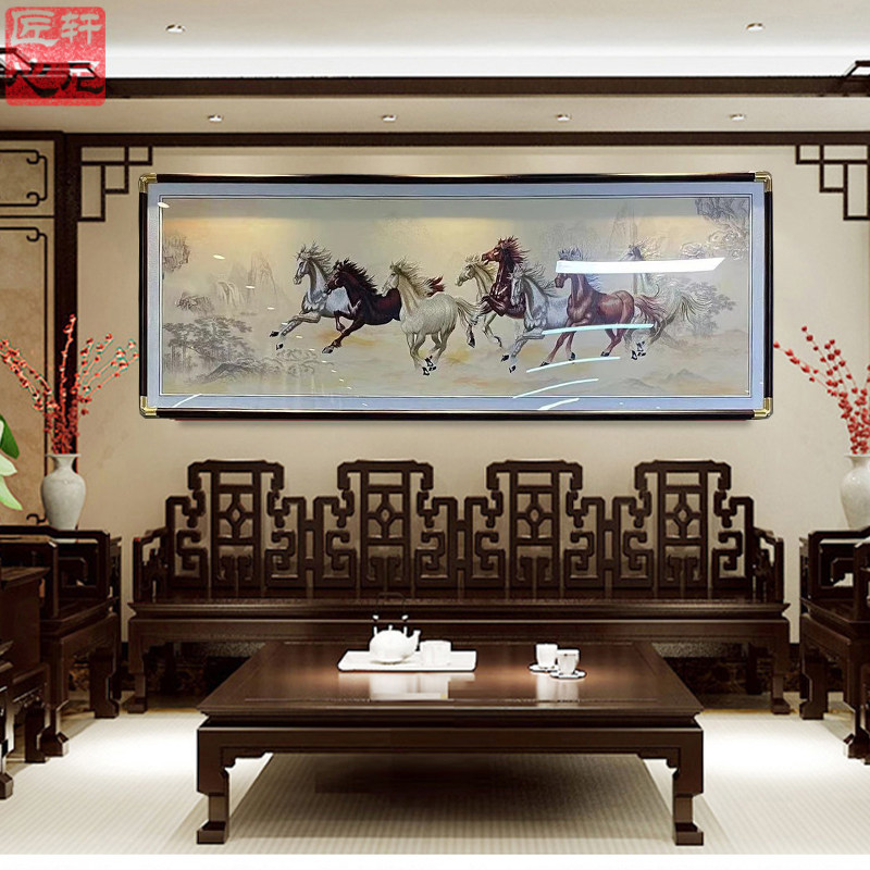 [八骏图客厅挂画刺绣沙发背景