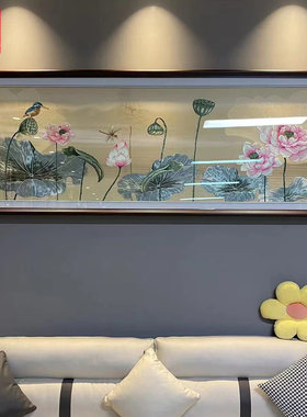翠影荷花刺绣沙发背景蚕丝装饰画