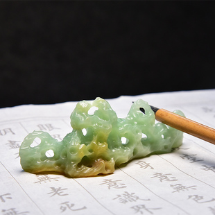 高档天然原石老坑精品文房四宝纸墨笔砚套装太湖石玉石和田玉书法国画专用毛笔笔搁笔挂笔架笔山笔托