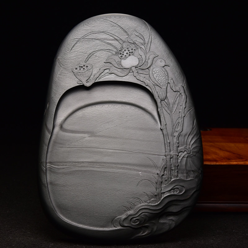 名师张子坚手工雕刻/荷塘清趣/天然原石老坑眉纹四大名坑歙砚端砚书法国画研磨墨块专用砚台文房四宝纸墨笔砚