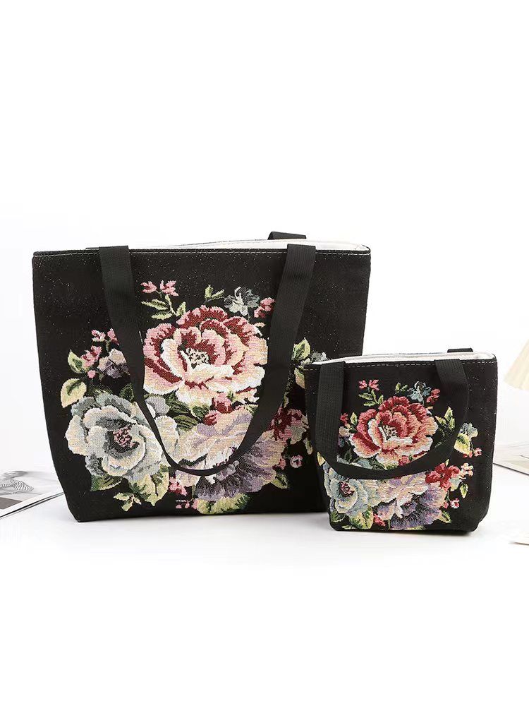 【买一送一】新款高档帆布包黑白山茶花双面刺绣帆布包简约通勤包