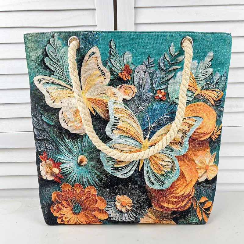 高颜值手提包双面金丝刺绣蝴蝶新款单肩拎包外出帆布上班手提拉链