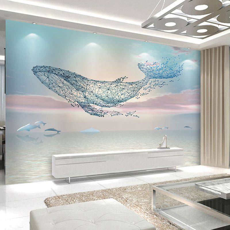 3D立体线条手绘鲸鱼墙纸客厅电视背景墙壁纸卧室抽象装饰壁画墙布图片