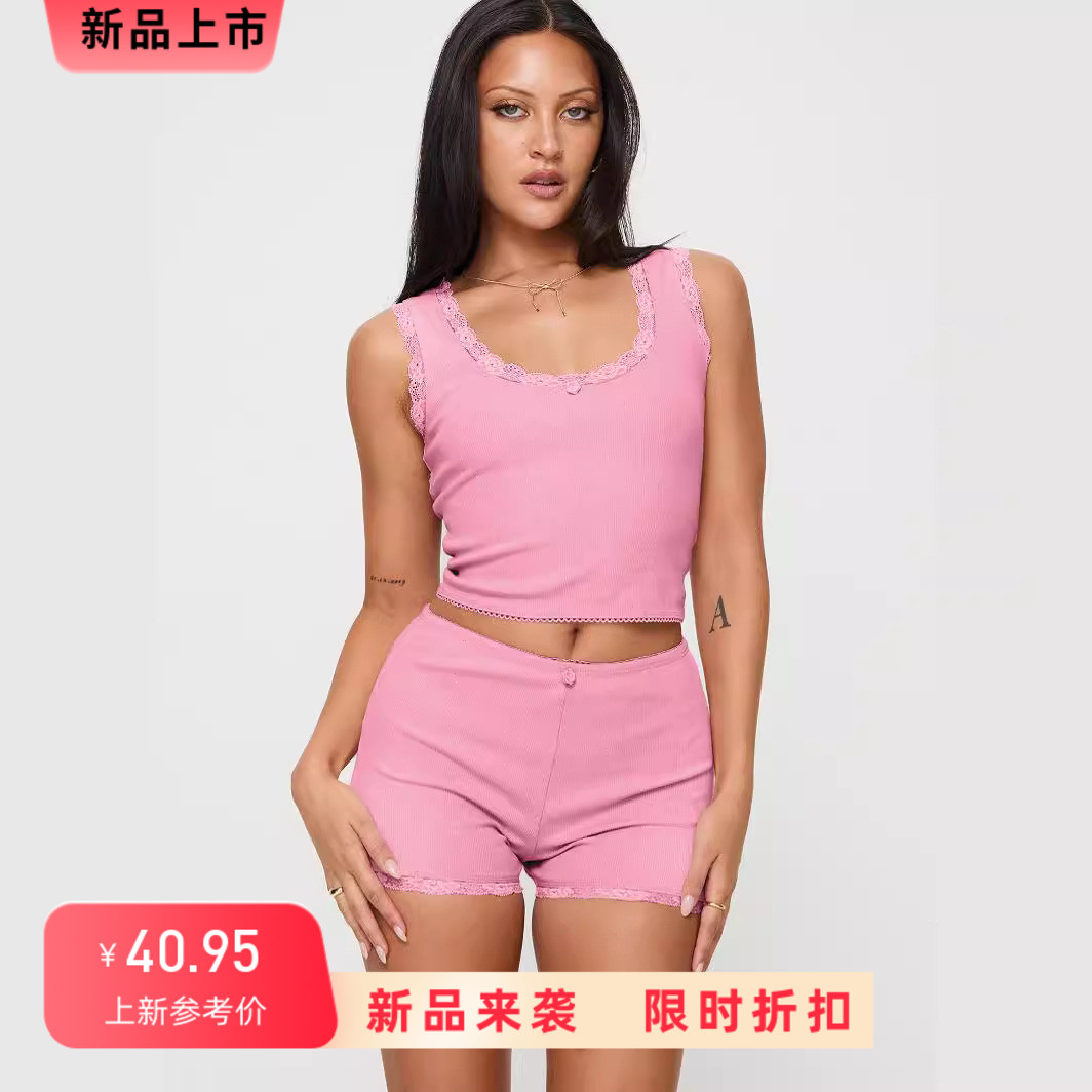 亚马逊蕾丝拼接家居两件套修身吊带高腰短裤内搭女装多色休闲套装