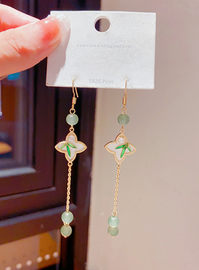 国风复古绿色竹节流苏耳环女高级感新中式古风汉服耳饰无耳洞耳夹