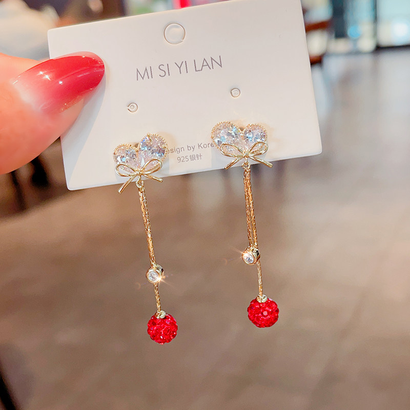 秋冬长款蝴蝶结流苏耳环女气质轻奢红色钻球吊坠耳饰新年喜庆耳钉