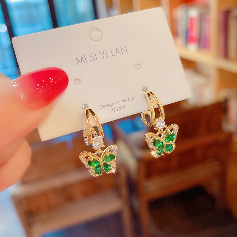 小清新绿色水晶蝴蝶耳环2025年新款潮高级感轻奢耳钉气质百搭耳坠