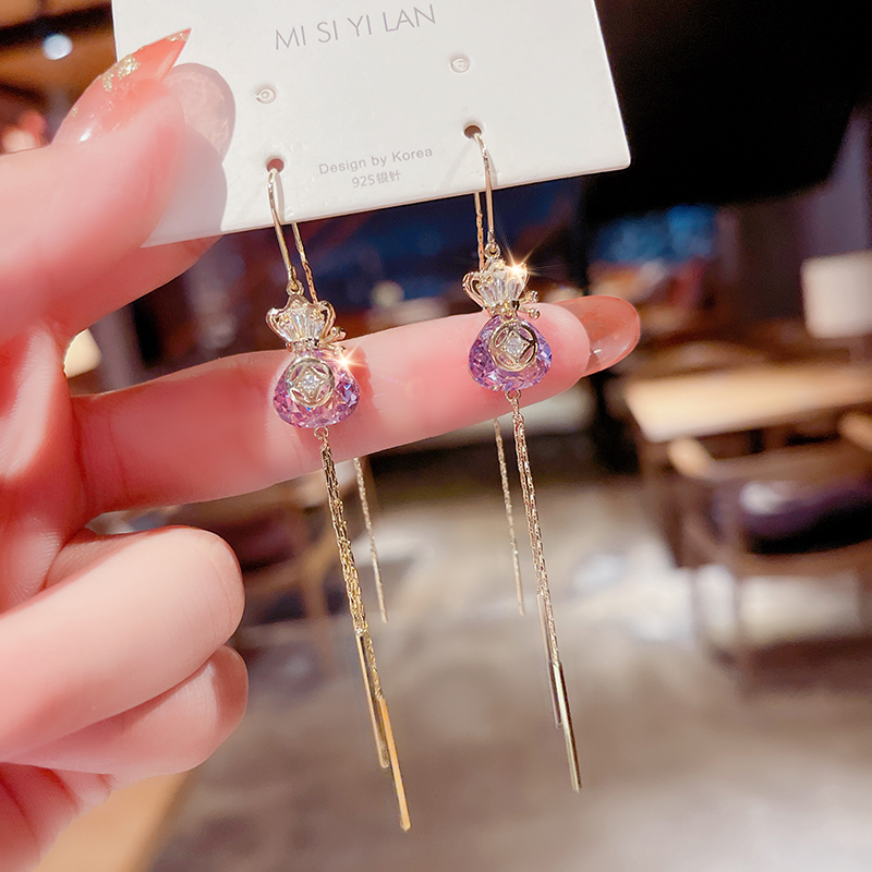 小众女红色福袋耳线长款流苏耳环