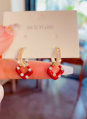 红色方形轻奢锆石圈圈耳扣小众设计感一款两戴耳环女气质秋冬耳饰