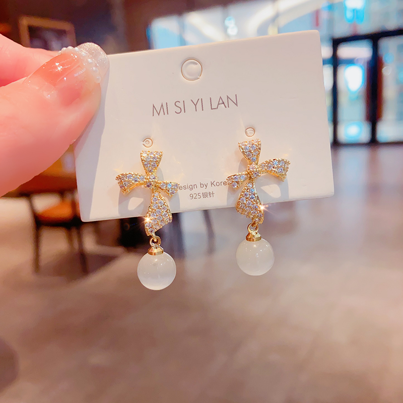 春夏季轻奢蝴蝶结耳环气质超仙小清新猫眼石耳钉简约时尚百搭耳饰