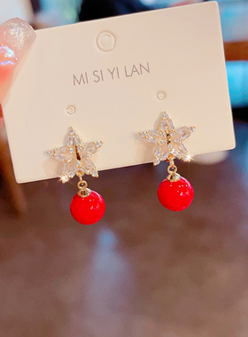 气质珍珠耳夹女无耳洞高级感轻奢锆石时尚五角星星耳环红色耳饰女