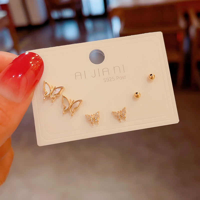 s925纯银针贝壳蝴蝶耳钉小众设计感简约气质耳环一周套装组合耳饰