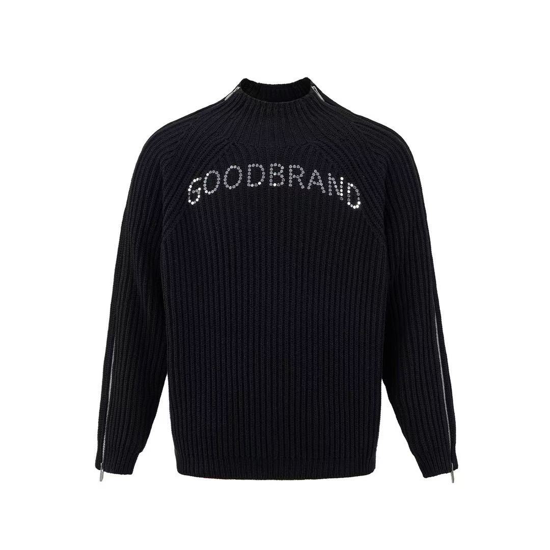 GOODBRAND黑色拉链烫珠坑条毛衣