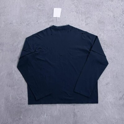 26明星同款纽扣徽标假两件情侣款棉麻破洞长袖T