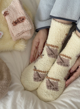 toooot日韩糯唧唧的珊瑚绒堆堆袜秋冬保暖可爱中筒袜居家袜地板袜