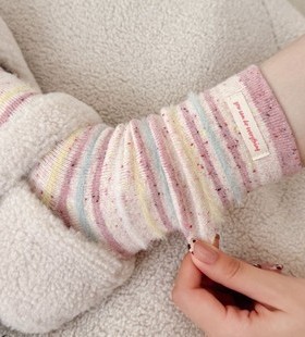 toooot韩版布标条纹撞色羊毛袜女中筒袜秋冬保暖甜美点子纱居家袜