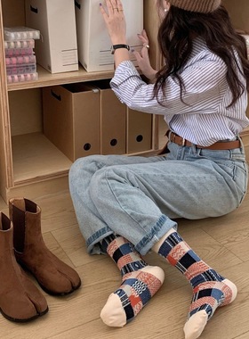toooot日系复古双针袜子女美拉德拼撞色格子中筒袜春秋保暖配靴子
