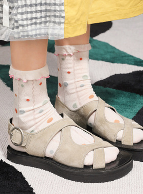 toooot小清新韩系东大门低饱和波点荷叶花边镂空薄款浮雕中筒袜女