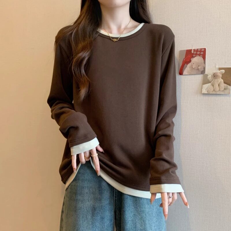 美拉德加绒加厚长袖T恤打底衫女2025秋冬大码胖妹妹显瘦正肩上衣