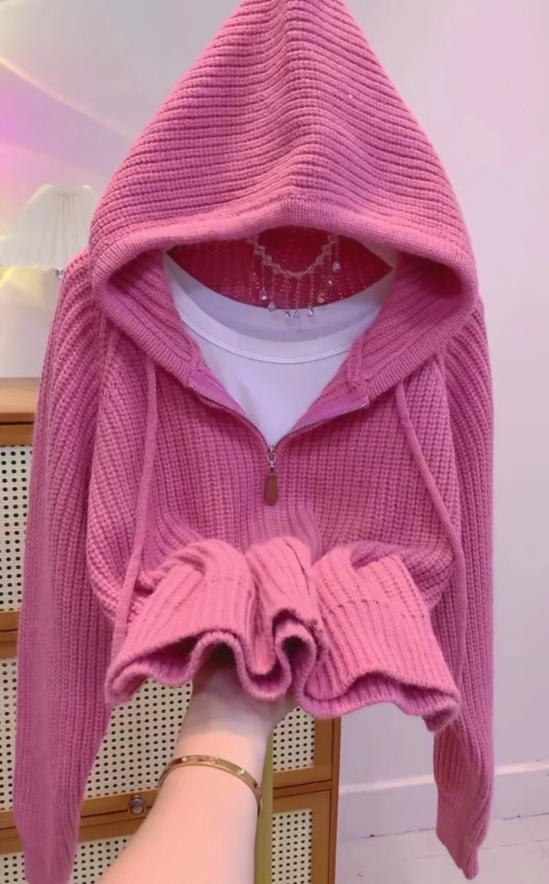 慵懒风粉色连帽针织开衫女2025年秋冬季新款宽松条纹短款毛衣外套